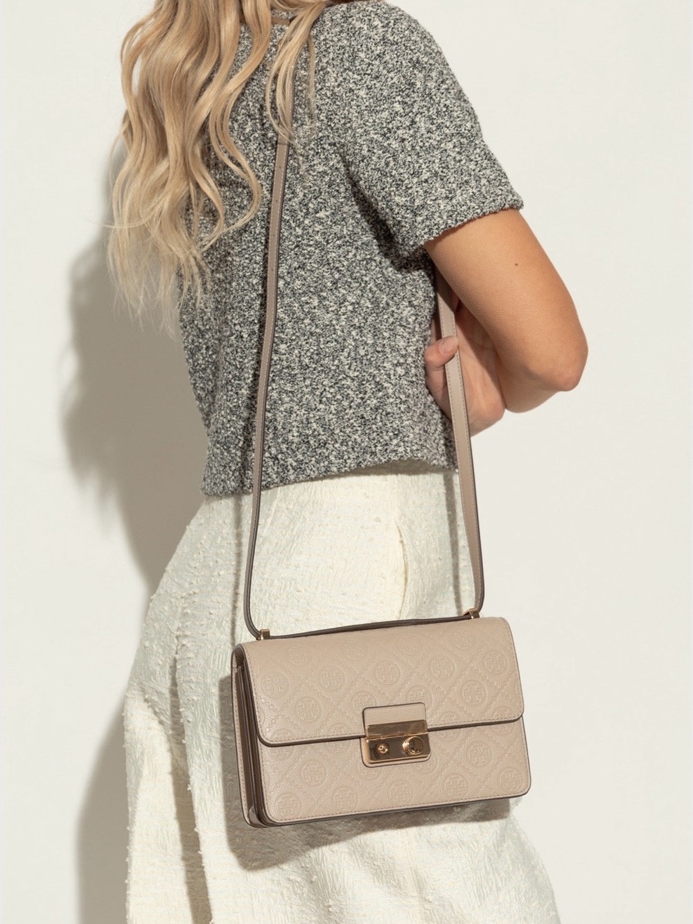 Tory Burch Taupe Embossed Leather Crossbody with Gold-Tone Lock